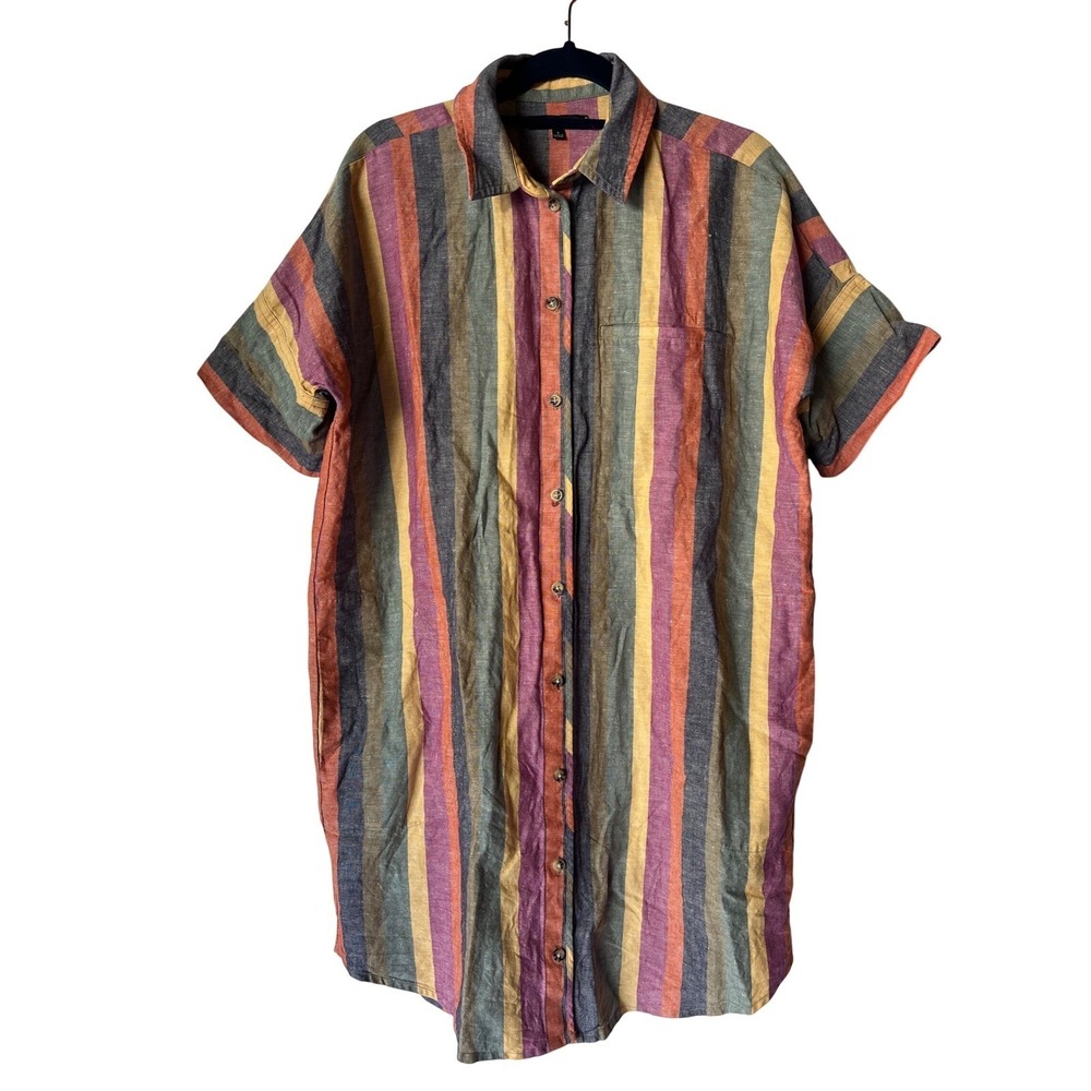 Madewell Rainbow Linen Cotton Striped Short Sleeve Button Front Shirt Dress S